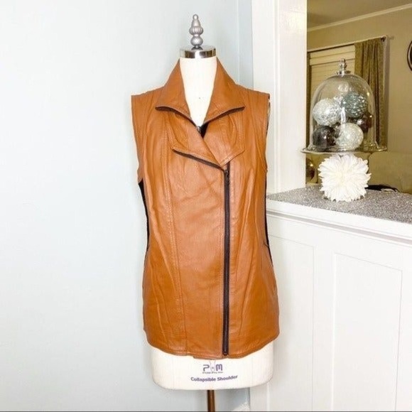 Mural Brown Leather & Wool Zip Up Vest Moto Jacket Small - Picture 3 of 12